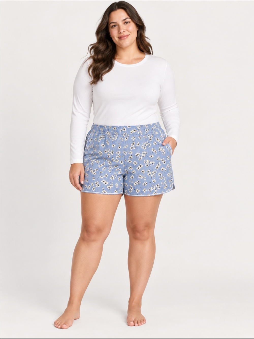 LANDSEND Wms Plus 100% Cotton Chambray Sleep Shorts, Side Pockets, 4.5” Inseam